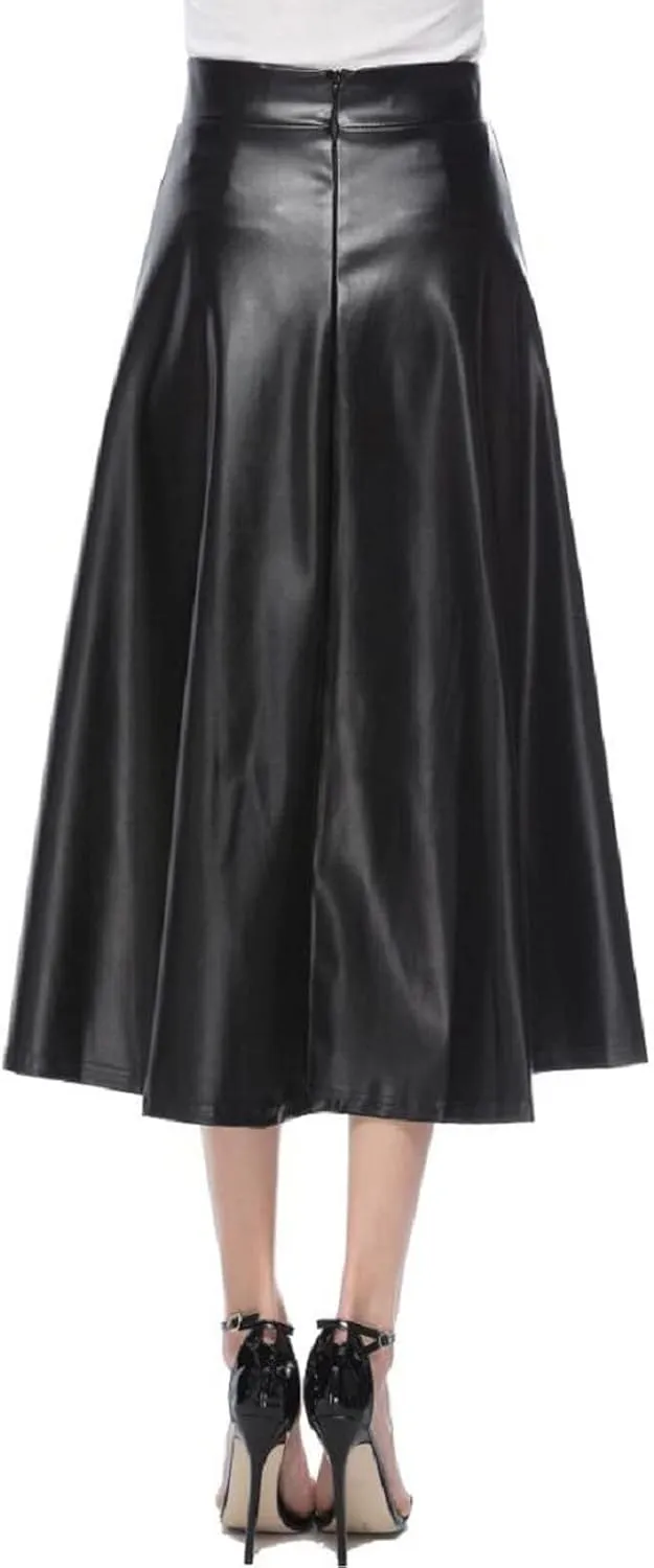 Faux Leather A Line Womens High Waist Skirts Pleather Midi Long Skirt Solid Color Skirt Summer Skirts for Women
