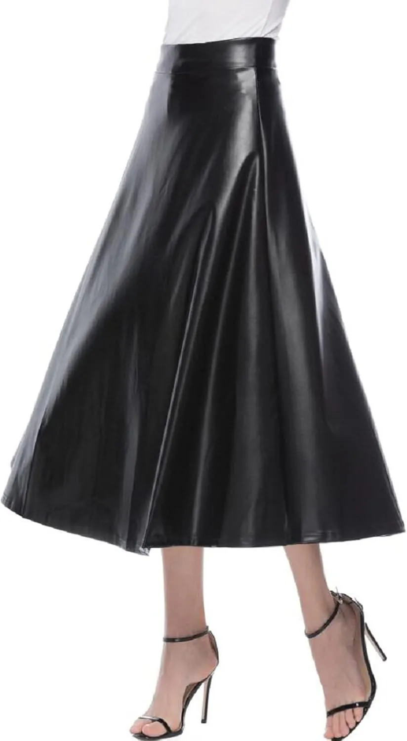 Faux Leather A Line Womens High Waist Skirts Pleather Midi Long Skirt Solid Color Skirt Summer Skirts for Women