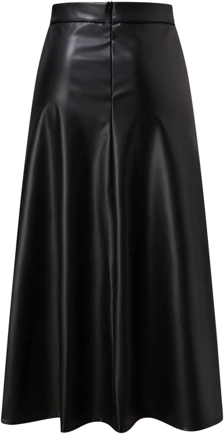 Faux Leather A Line Womens High Waist Skirts Pleather Midi Long Skirt Solid Color Skirt Summer Skirts for Women