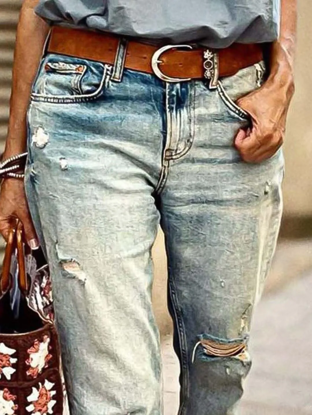 Flamingals Straight Leg Mid Rise Casual Ripped Raw Hem Denim Jeans Without Belt