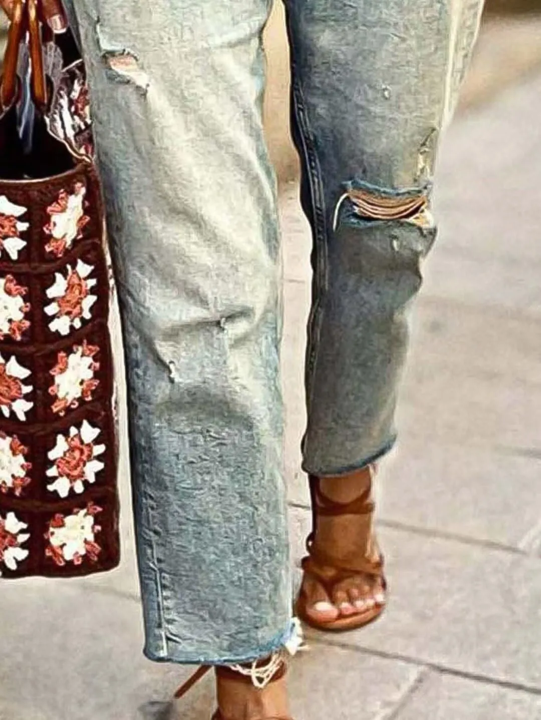 Flamingals Straight Leg Mid Rise Casual Ripped Raw Hem Denim Jeans Without Belt