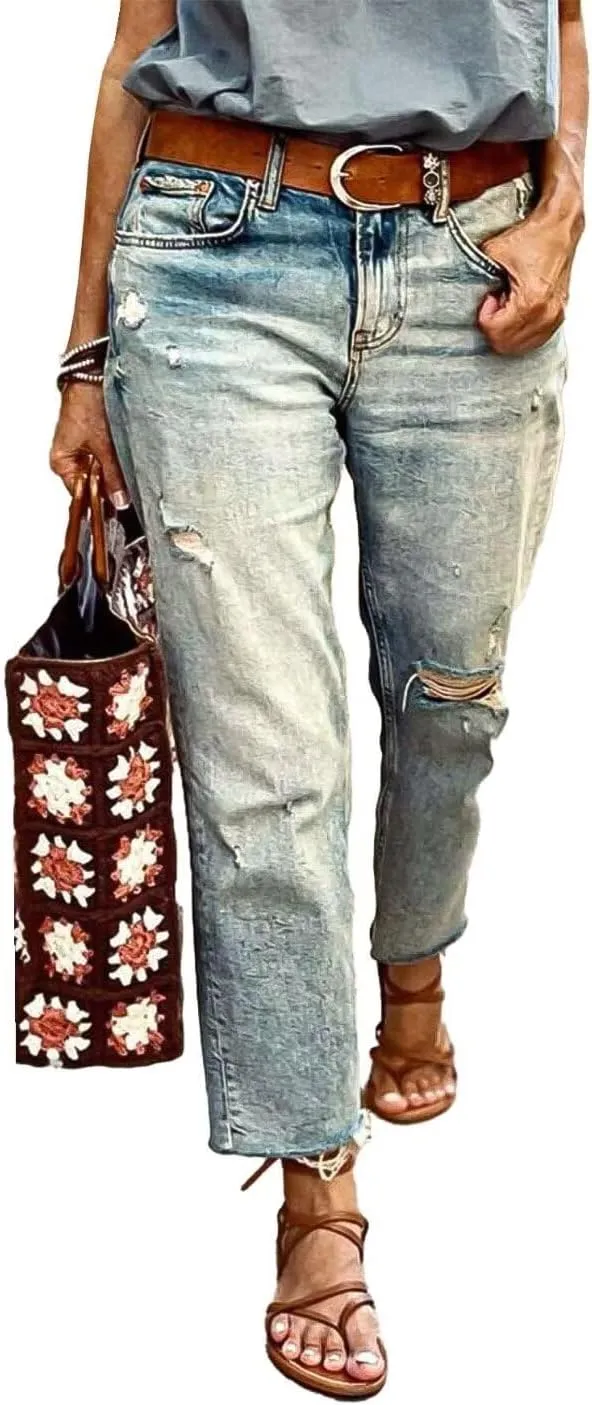 Flamingals Straight Leg Mid Rise Casual Ripped Raw Hem Denim Jeans Without Belt