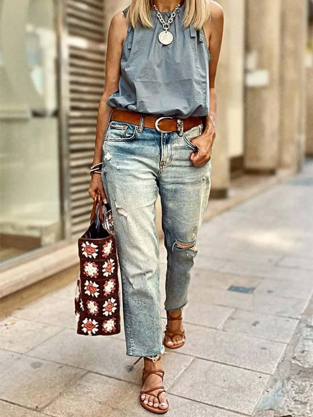 Flamingals Straight Leg Mid Rise Casual Ripped Raw Hem Denim Jeans Without Belt
