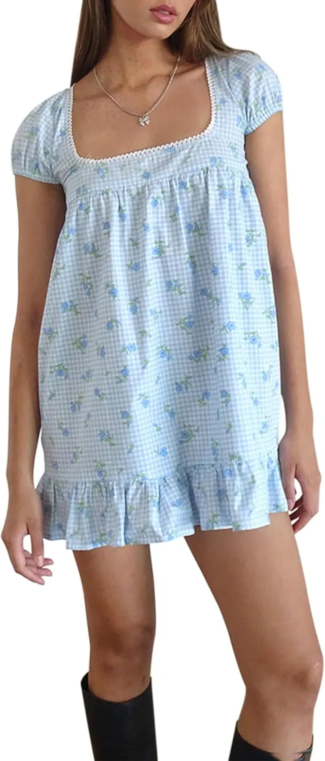 Floral Boho Dresses for Women Y2k Square Neck Short Puff Sleeve Ruffle Hem Babydoll Mini Summer Swing Dress