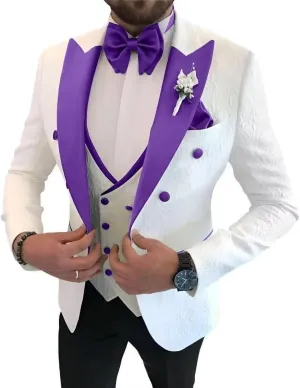 Floral Jacquard 3 Piece Suits for Wedding Slim Fit One Button Tuxedos Blazer Double Breasted Vest Pants Bow Tie