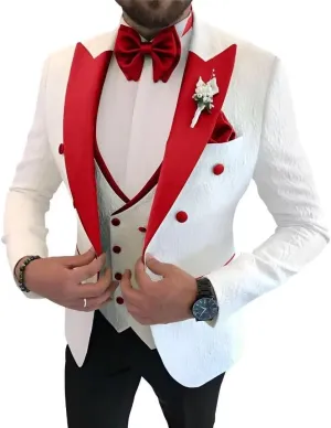 Floral Jacquard 3 Piece Suits for Wedding Slim Fit One Button Tuxedos Blazer Double Breasted Vest Pants Bow Tie