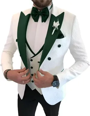 Floral Jacquard 3 Piece Suits for Wedding Slim Fit One Button Tuxedos Blazer Double Breasted Vest Pants Bow Tie