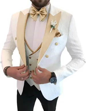 Floral Jacquard 3 Piece Suits for Wedding Slim Fit One Button Tuxedos Blazer Double Breasted Vest Pants Bow Tie