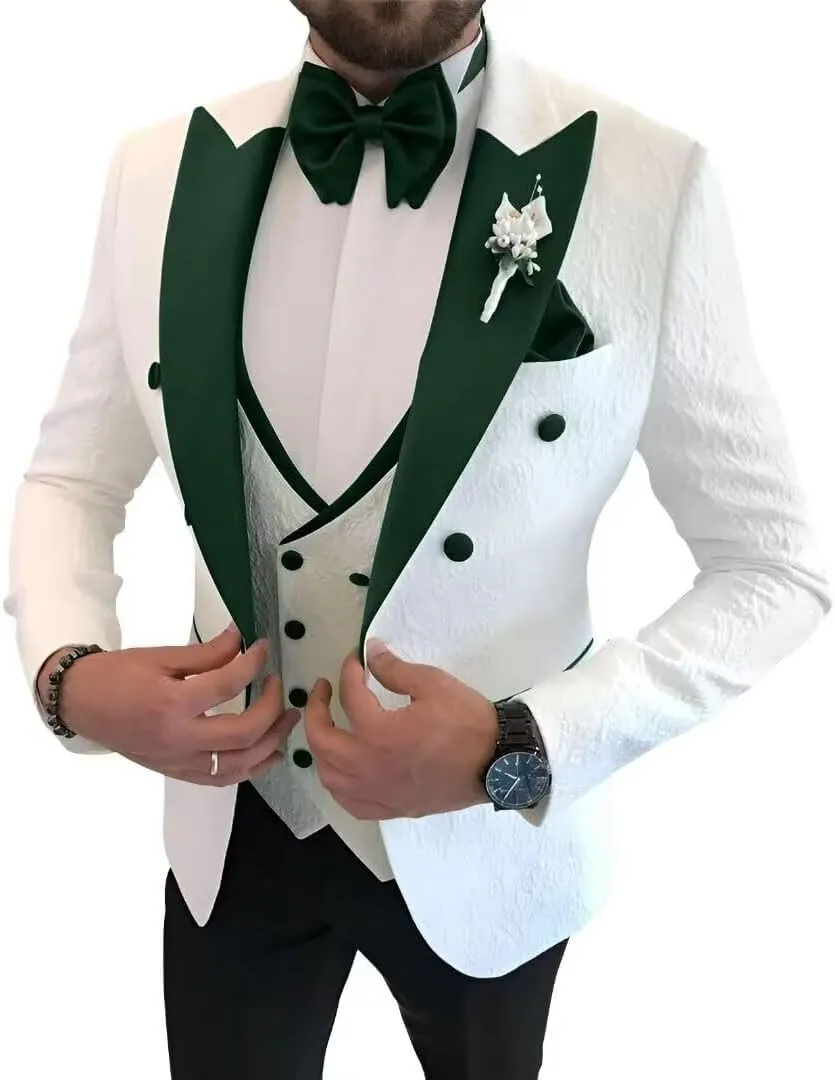 Floral Jacquard 3 Piece Suits for Wedding Slim Fit One Button Tuxedos Blazer Double Breasted Vest Pants Bow Tie