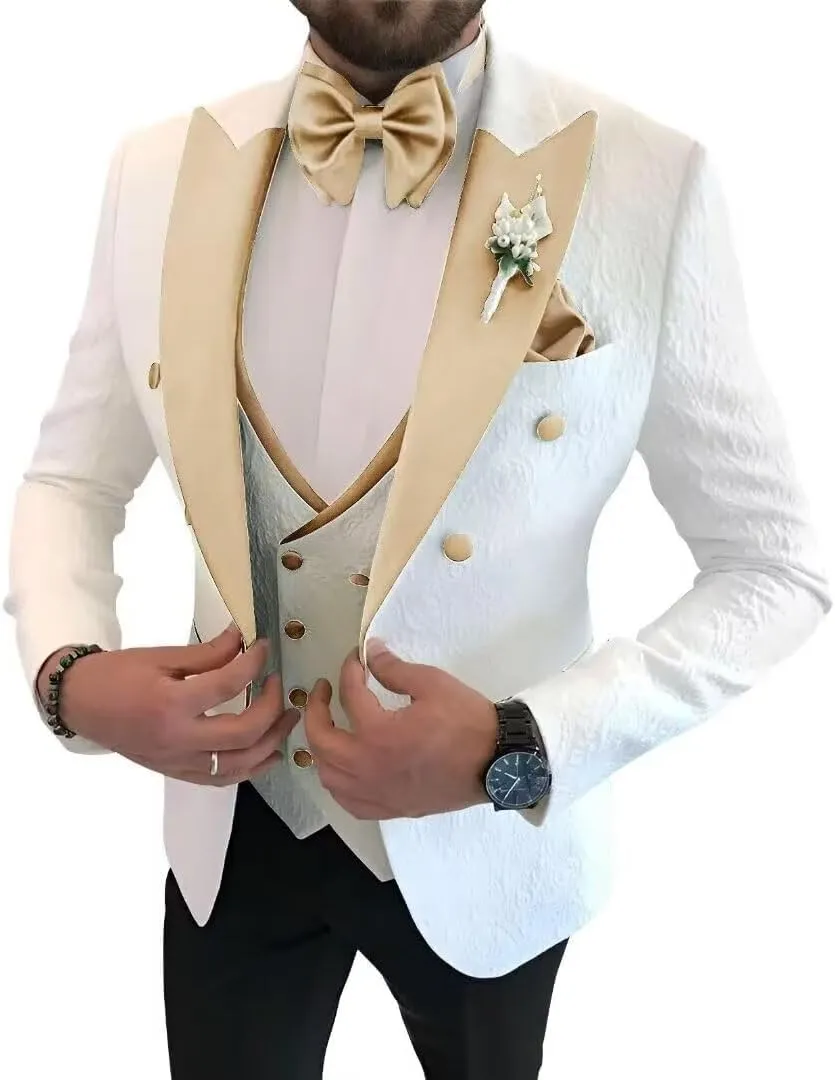 Floral Jacquard 3 Piece Suits for Wedding Slim Fit One Button Tuxedos Blazer Double Breasted Vest Pants Bow Tie