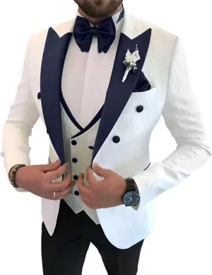 Floral Jacquard 3 Piece Suits for Wedding Slim Fit One Button Tuxedos Blazer Double Breasted Vest Pants Bow Tie