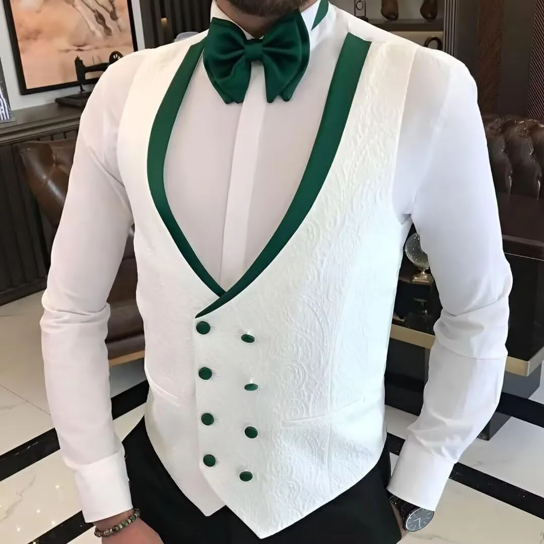 Floral Jacquard 3 Piece Suits for Wedding Slim Fit One Button Tuxedos Blazer Double Breasted Vest Pants Bow Tie