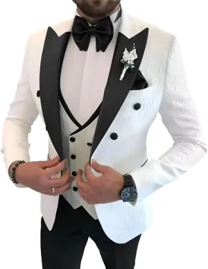 Floral Jacquard 3 Piece Suits for Wedding Slim Fit One Button Tuxedos Blazer Double Breasted Vest Pants Bow Tie