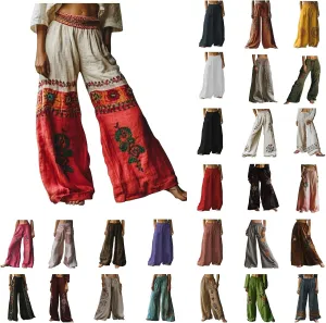 Flowy Pants for Women Baggy High Waist Drawsting Linen Palazzo Trouser Boho Floral Embroidered Wide Leg Beach Bottoms