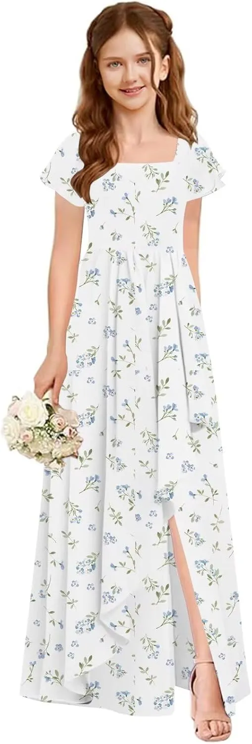 Flutter Sleeve Junior Bridesmaid Dresses for Wedding A Line Summer Chiffon Flower Girl Dress Long with Pockets