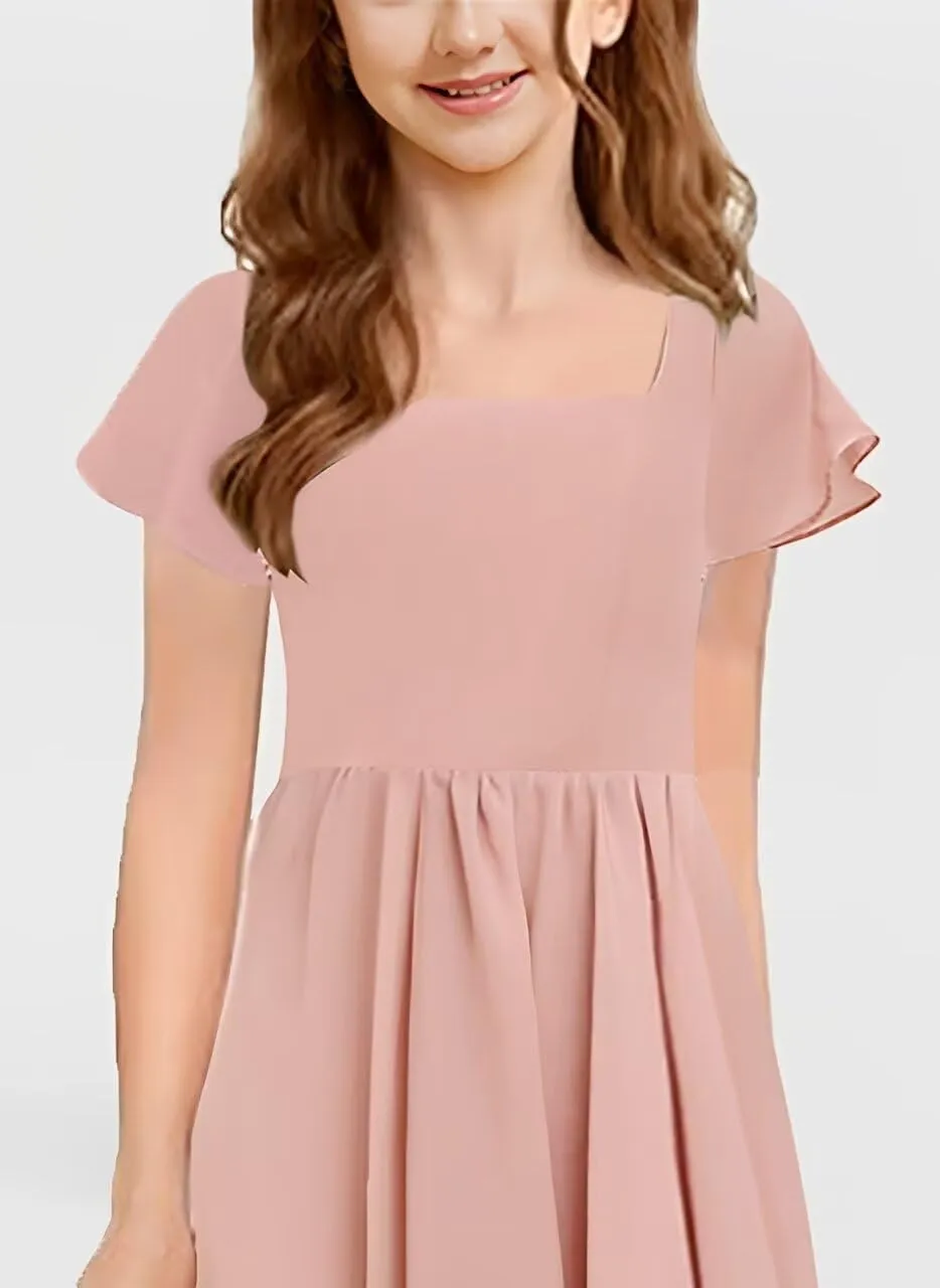 Flutter Sleeve Junior Bridesmaid Dresses for Wedding A Line Summer Chiffon Flower Girl Dress Long with Pockets