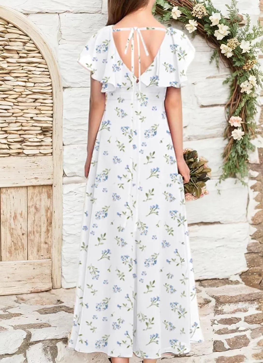 Flutter Sleeve Junior Bridesmaid Dresses for Wedding A Line Summer Chiffon Flower Girl Dress Long with Pockets