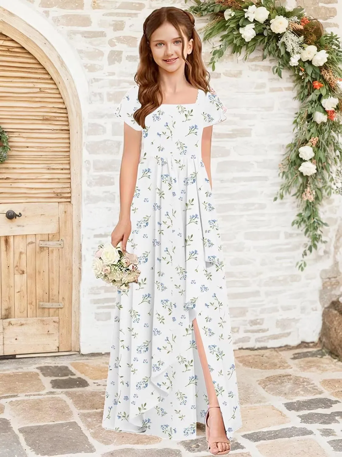 Flutter Sleeve Junior Bridesmaid Dresses for Wedding A Line Summer Chiffon Flower Girl Dress Long with Pockets