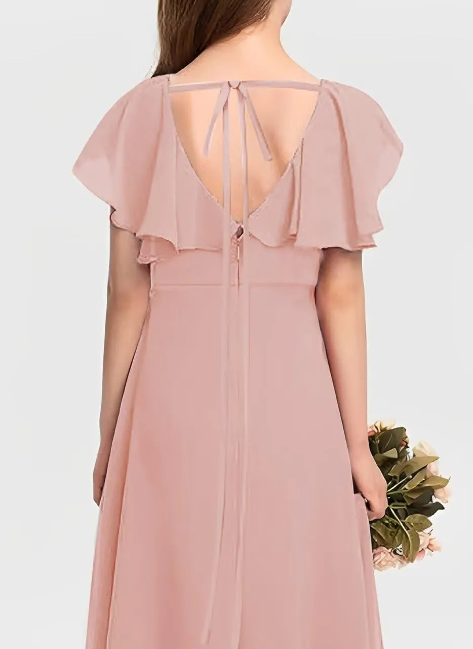 Flutter Sleeve Junior Bridesmaid Dresses for Wedding A Line Summer Chiffon Flower Girl Dress Long with Pockets