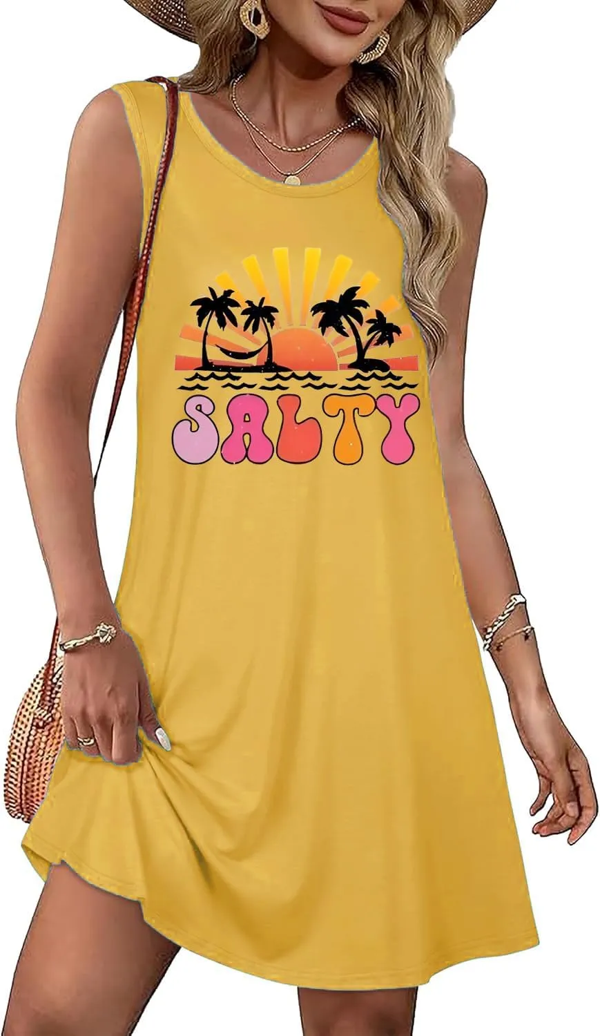 Funny Cute Sleeveless Letter Print Graphic Tank Dress for Women Summer Casual Beach Cover Up Hawaiian Vacation Outfits