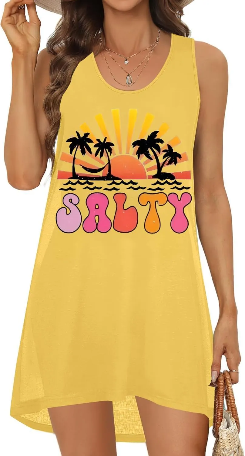 Funny Cute Sleeveless Letter Print Graphic Tank Dress for Women Summer Casual Beach Cover Up Hawaiian Vacation Outfits