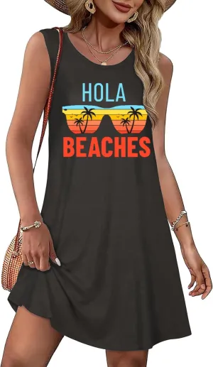 Funny Cute Sleeveless Letter Print Graphic Tank Dress for Women Summer Casual Beach Cover Up Hawaiian Vacation Outfits