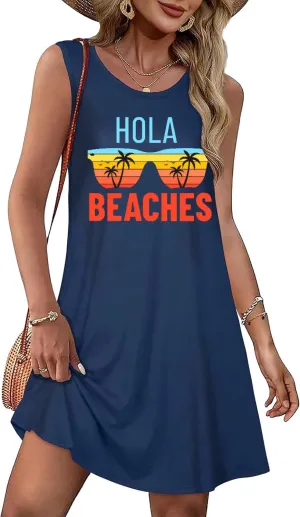 Funny Cute Sleeveless Letter Print Graphic Tank Dress for Women Summer Casual Beach Cover Up Hawaiian Vacation Outfits