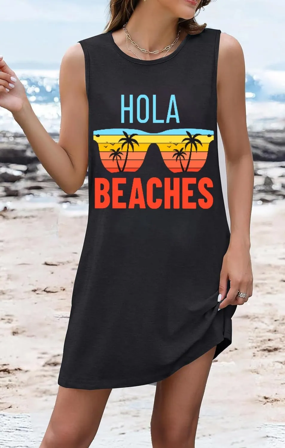 Funny Cute Sleeveless Letter Print Graphic Tank Dress for Women Summer Casual Beach Cover Up Hawaiian Vacation Outfits