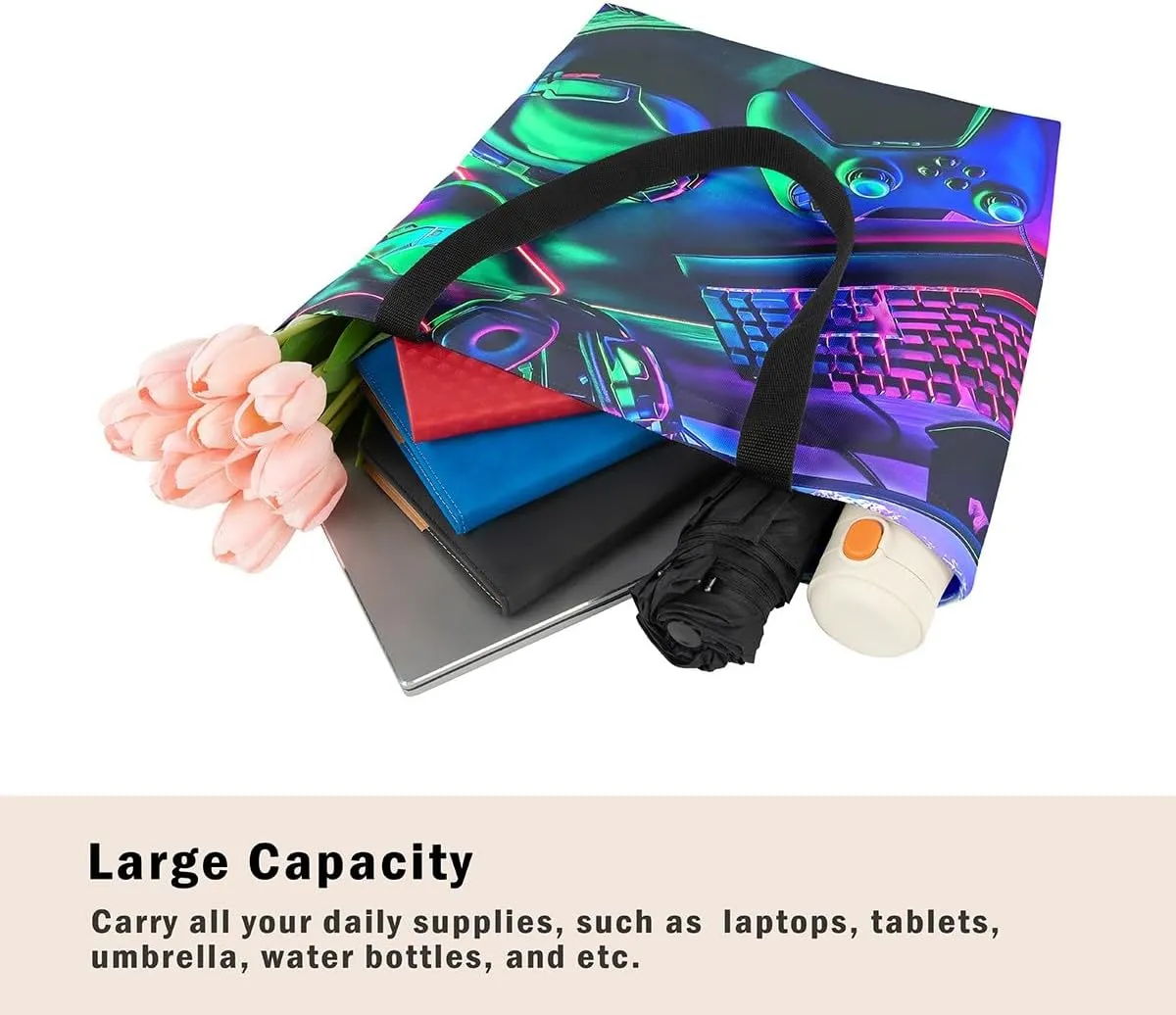 Gamepad Canvas Tote Bag,Gaming Gamer Aesthetic Shoulder Handbags,Modern Geometric Hexagon Tote Bag Reusable Handbag