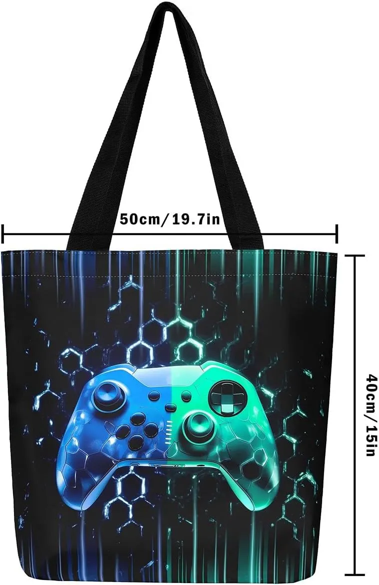 Gamepad Canvas Tote Bag,Gaming Gamer Aesthetic Shoulder Handbags,Modern Geometric Hexagon Tote Bag Reusable Handbag