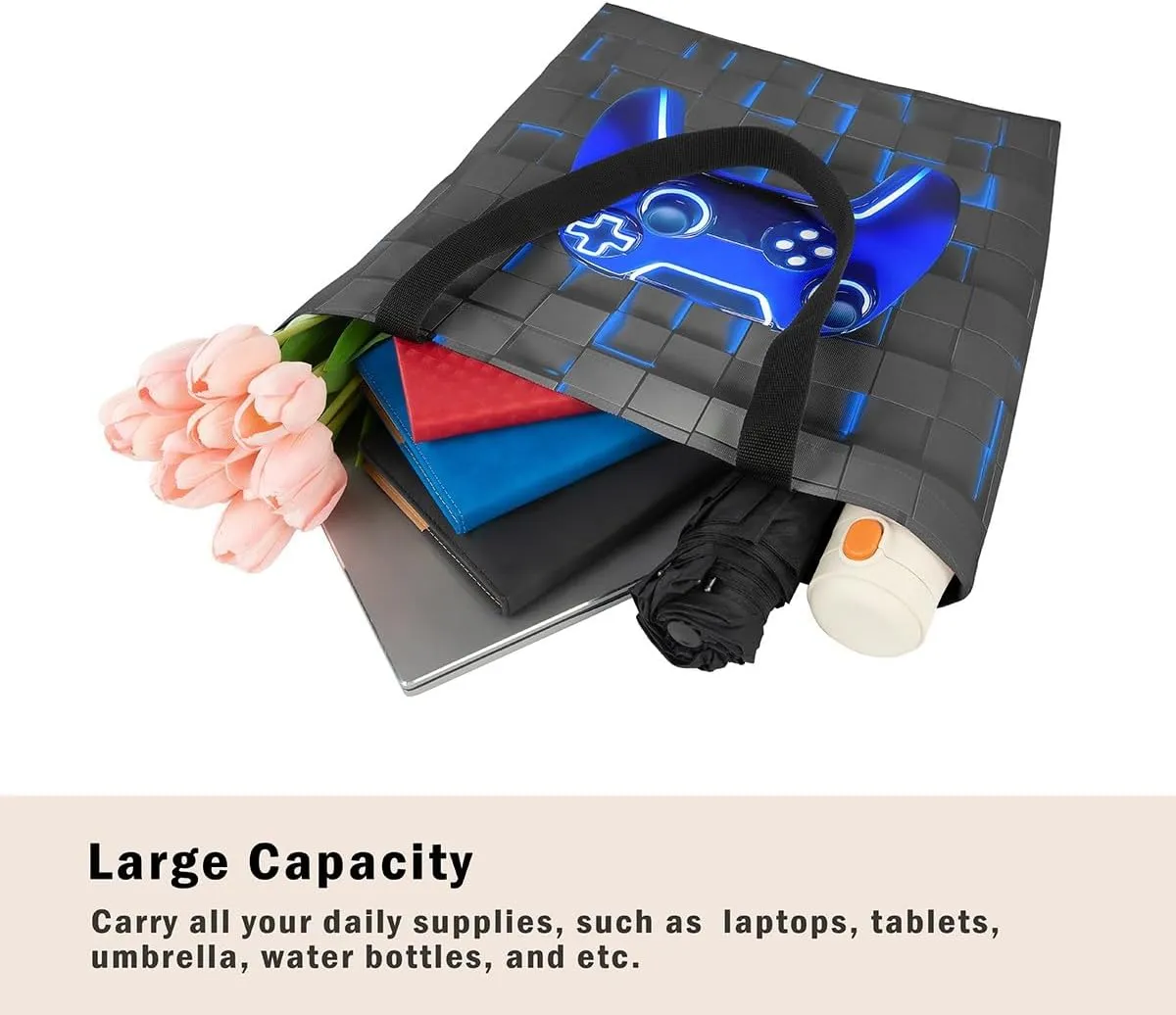 Gamepad Canvas Tote Bag,Gaming Gamer Aesthetic Shoulder Handbags,Modern Geometric Hexagon Tote Bag Reusable Handbag