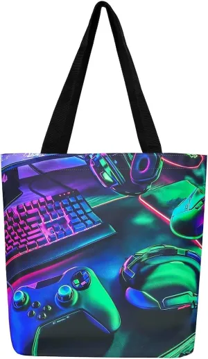 Gamepad Canvas Tote Bag,Gaming Gamer Aesthetic Shoulder Handbags,Modern Geometric Hexagon Tote Bag Reusable Handbag