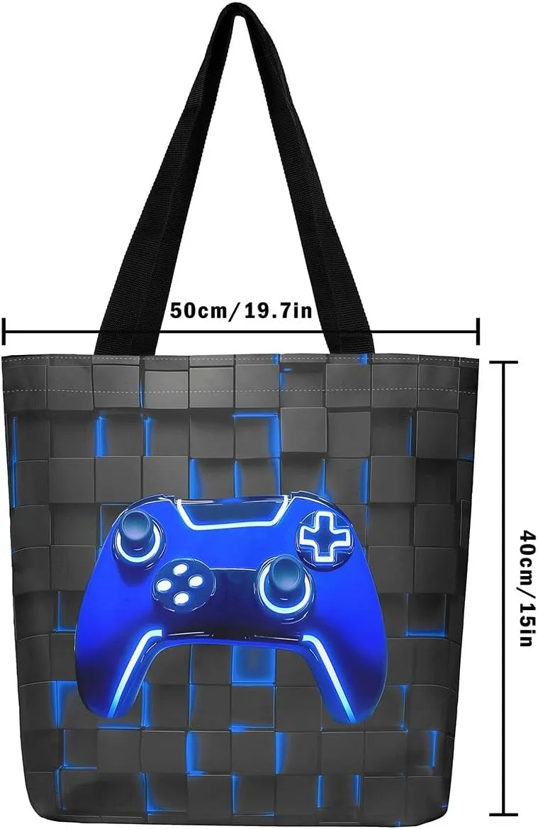 Gamepad Canvas Tote Bag,Gaming Gamer Aesthetic Shoulder Handbags,Modern Geometric Hexagon Tote Bag Reusable Handbag