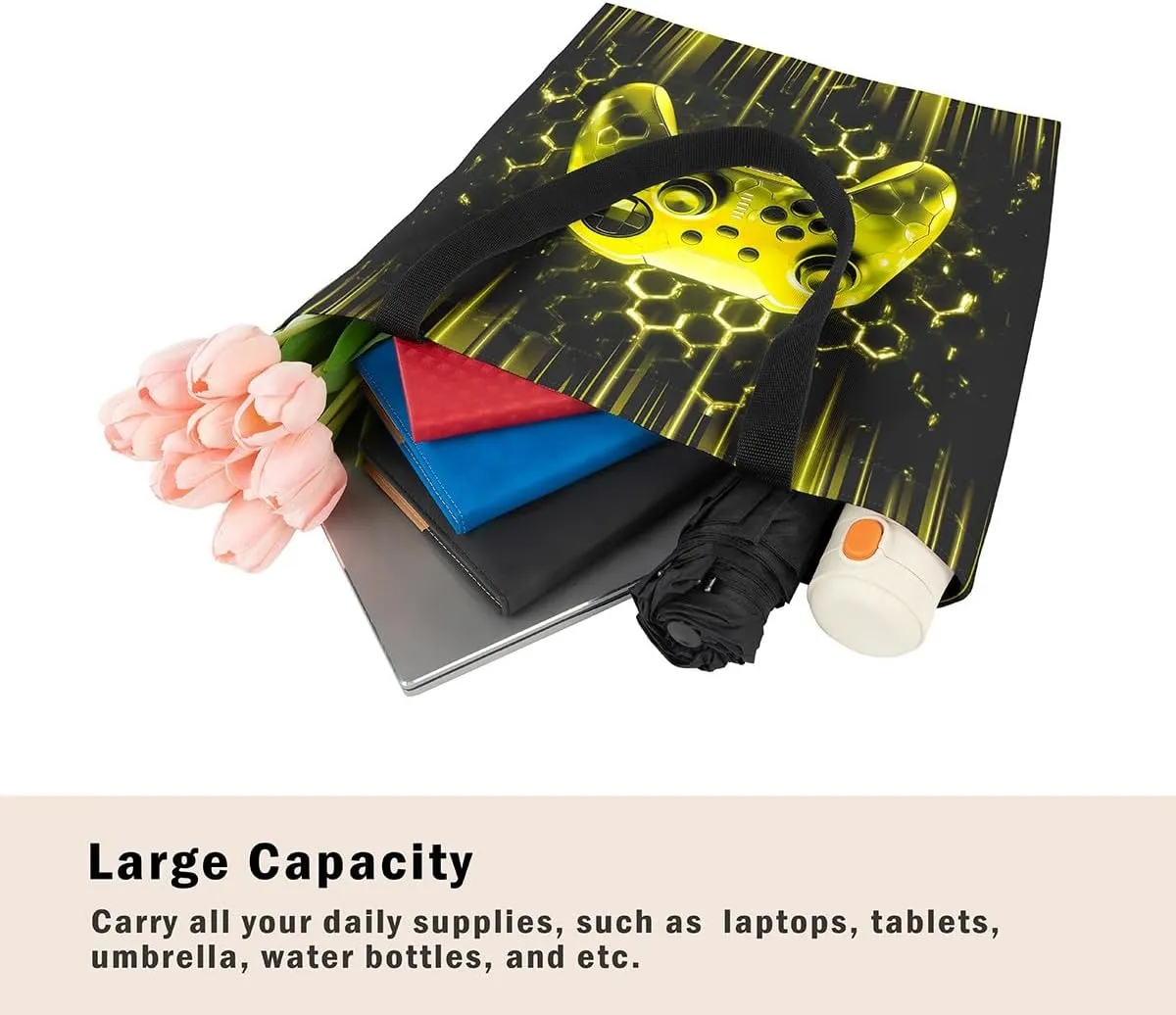 Gamepad Canvas Tote Bag,Gaming Gamer Aesthetic Shoulder Handbags,Modern Geometric Hexagon Tote Bag Reusable Handbag