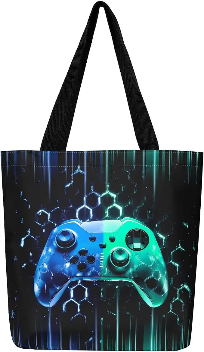 Gamepad Canvas Tote Bag,Gaming Gamer Aesthetic Shoulder Handbags,Modern Geometric Hexagon Tote Bag Reusable Handbag
