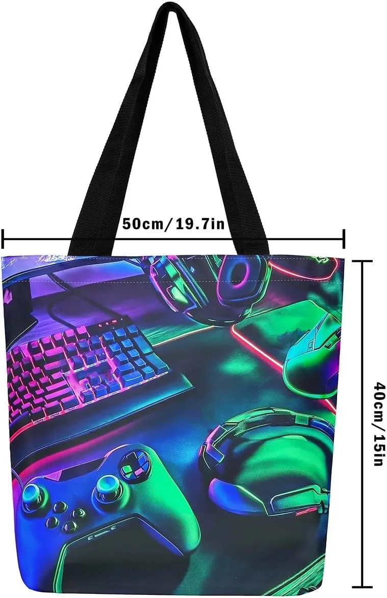 Gamepad Canvas Tote Bag,Gaming Gamer Aesthetic Shoulder Handbags,Modern Geometric Hexagon Tote Bag Reusable Handbag
