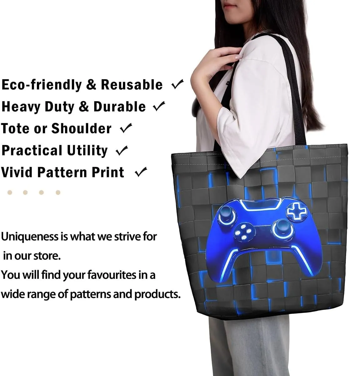Gamepad Canvas Tote Bag,Gaming Gamer Aesthetic Shoulder Handbags,Modern Geometric Hexagon Tote Bag Reusable Handbag