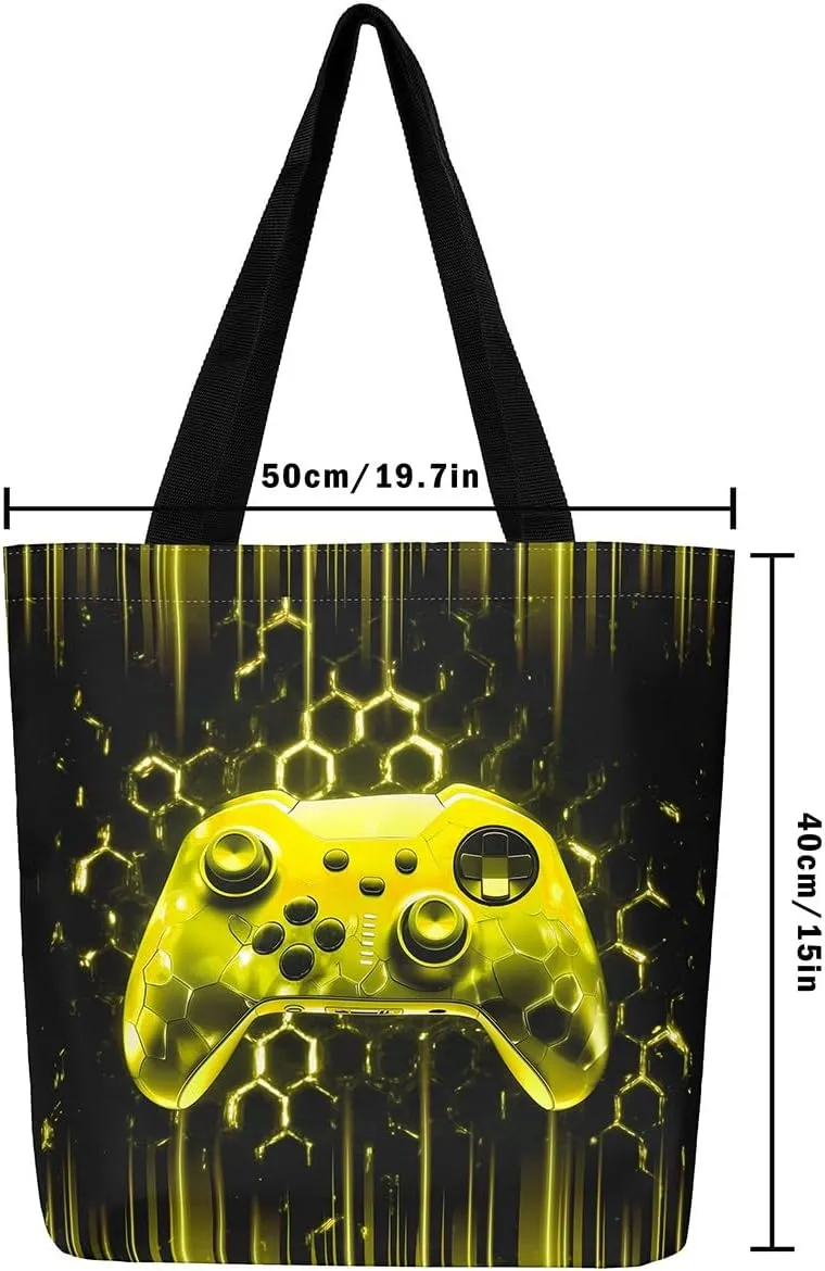 Gamepad Canvas Tote Bag,Gaming Gamer Aesthetic Shoulder Handbags,Modern Geometric Hexagon Tote Bag Reusable Handbag