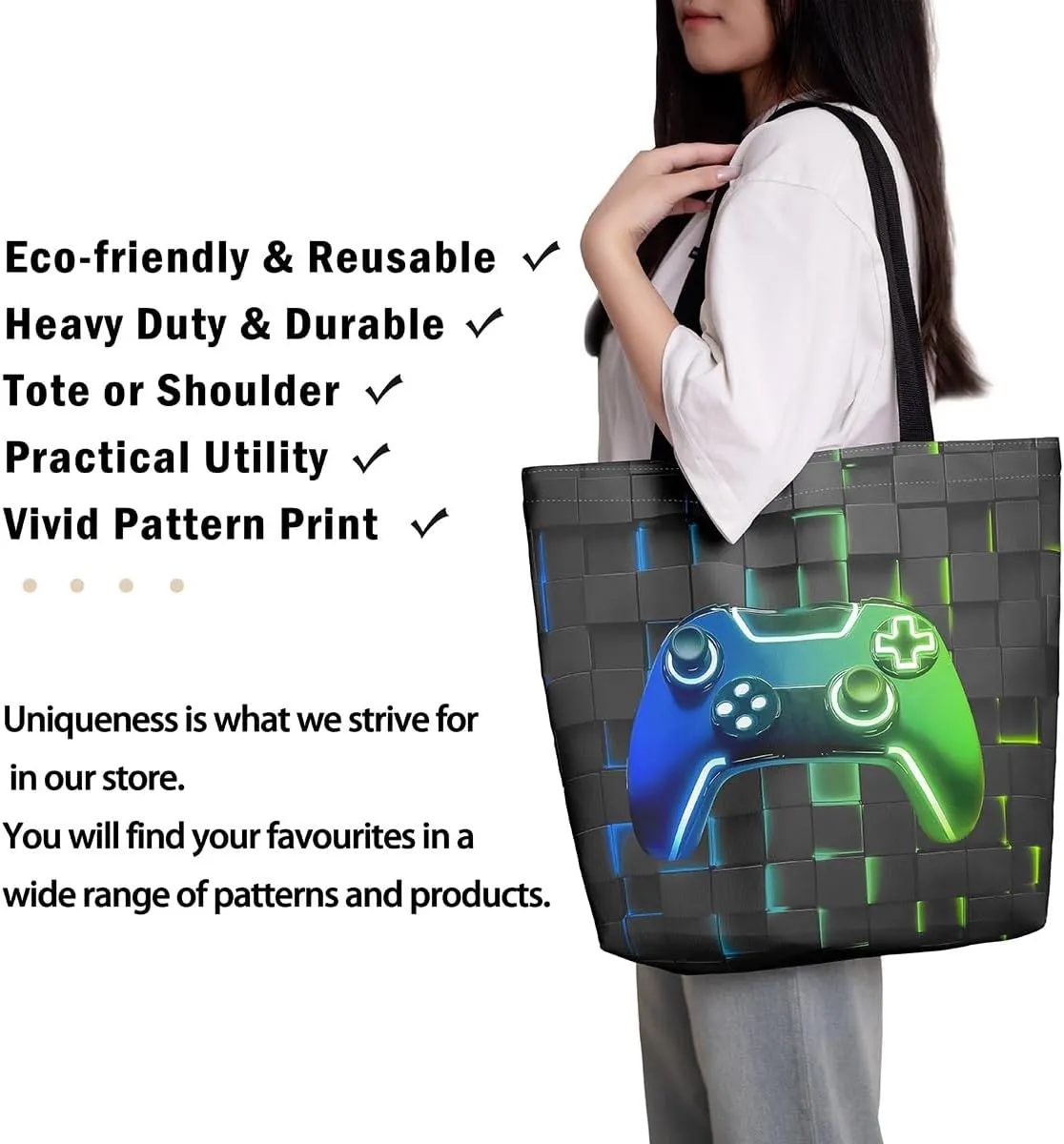 Gamepad Canvas Tote Bag,Gaming Gamer Aesthetic Shoulder Handbags,Modern Geometric Hexagon Tote Bag Reusable Handbag