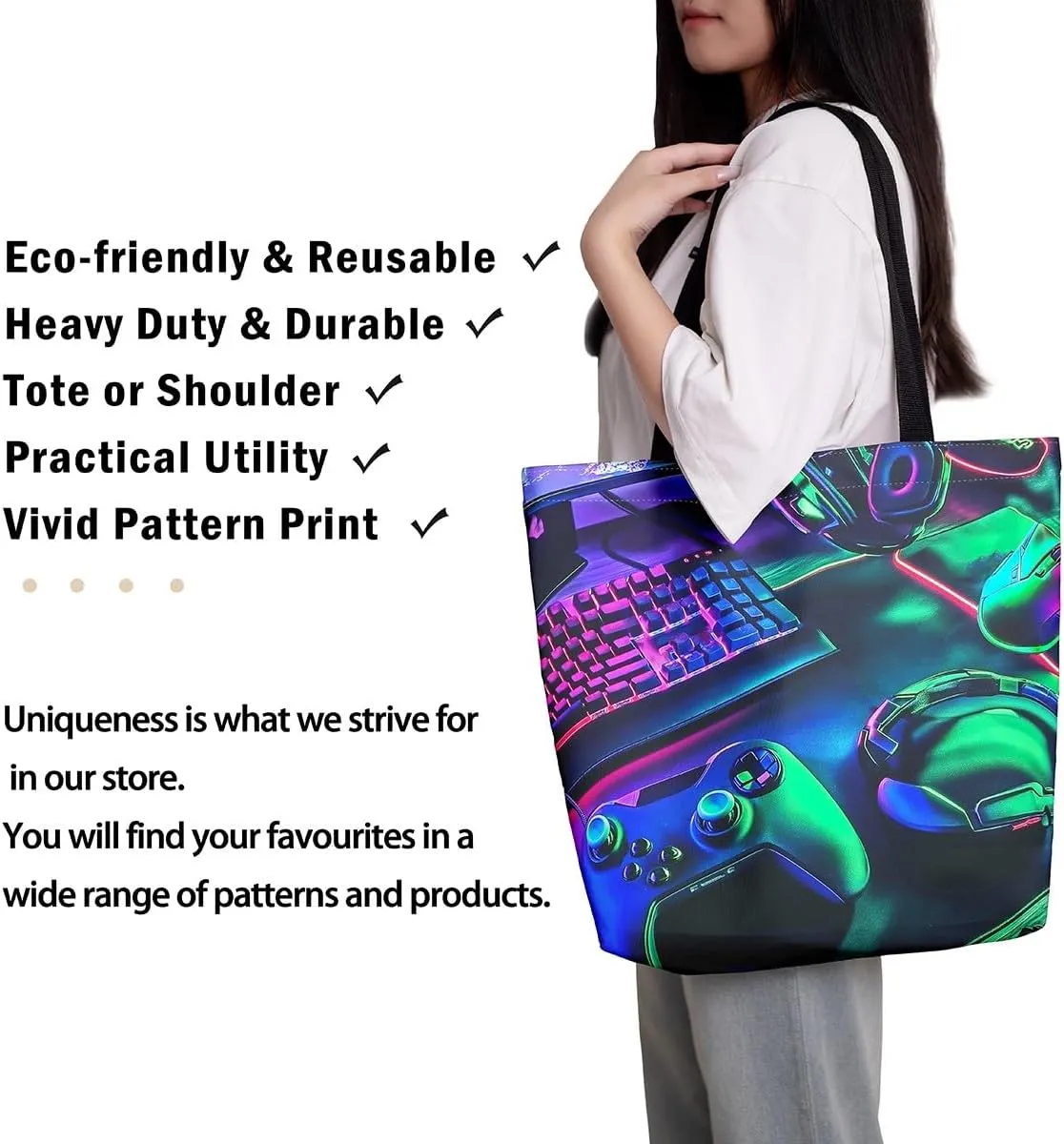 Gamepad Canvas Tote Bag,Gaming Gamer Aesthetic Shoulder Handbags,Modern Geometric Hexagon Tote Bag Reusable Handbag