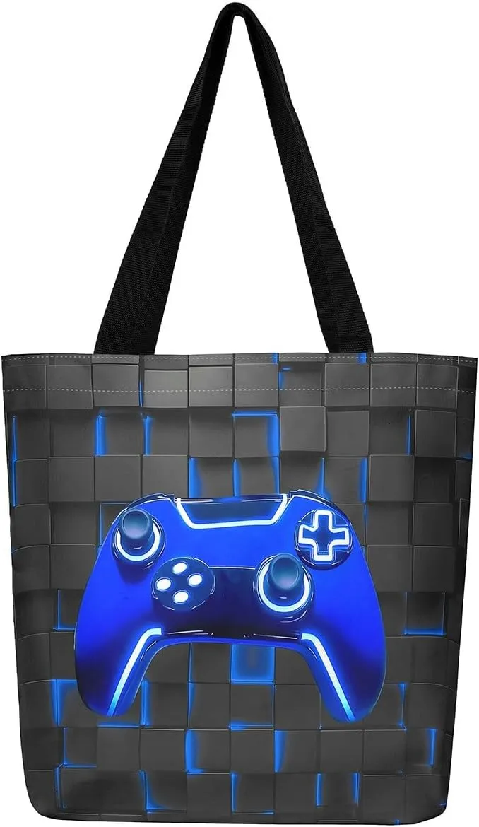 Gamepad Canvas Tote Bag,Gaming Gamer Aesthetic Shoulder Handbags,Modern Geometric Hexagon Tote Bag Reusable Handbag