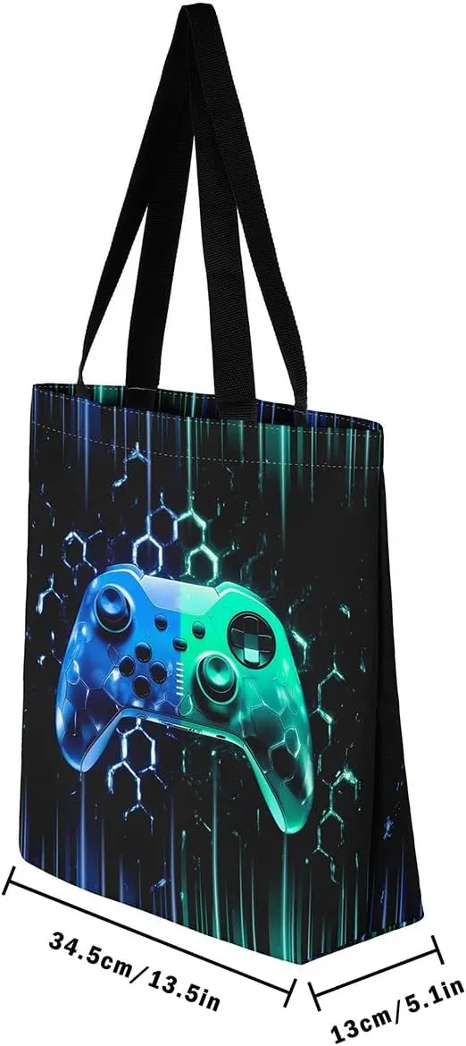 Gamepad Canvas Tote Bag,Gaming Gamer Aesthetic Shoulder Handbags,Modern Geometric Hexagon Tote Bag Reusable Handbag