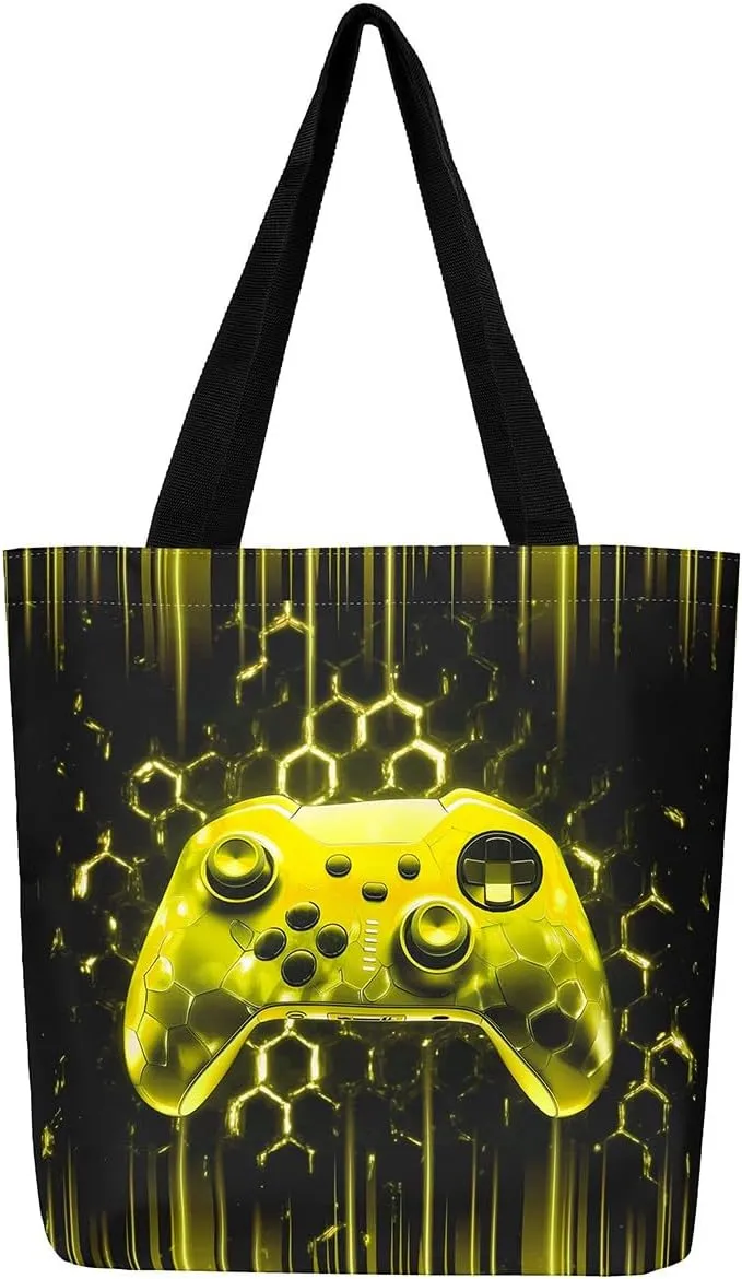 Gamepad Canvas Tote Bag,Gaming Gamer Aesthetic Shoulder Handbags,Modern Geometric Hexagon Tote Bag Reusable Handbag