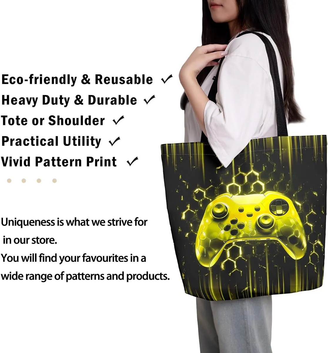 Gamepad Canvas Tote Bag,Gaming Gamer Aesthetic Shoulder Handbags,Modern Geometric Hexagon Tote Bag Reusable Handbag