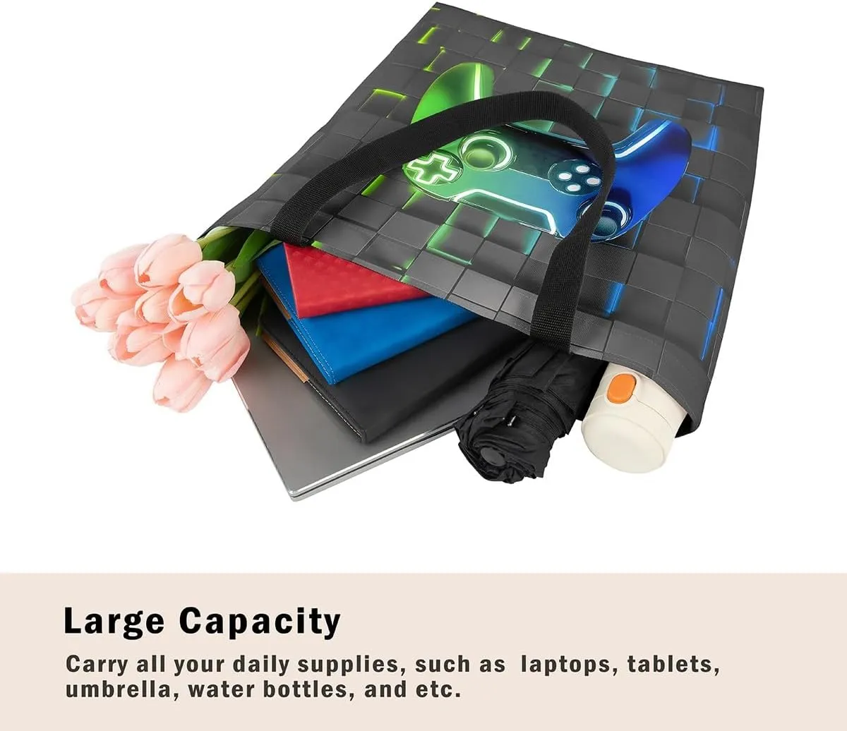 Gamepad Canvas Tote Bag,Gaming Gamer Aesthetic Shoulder Handbags,Modern Geometric Hexagon Tote Bag Reusable Handbag