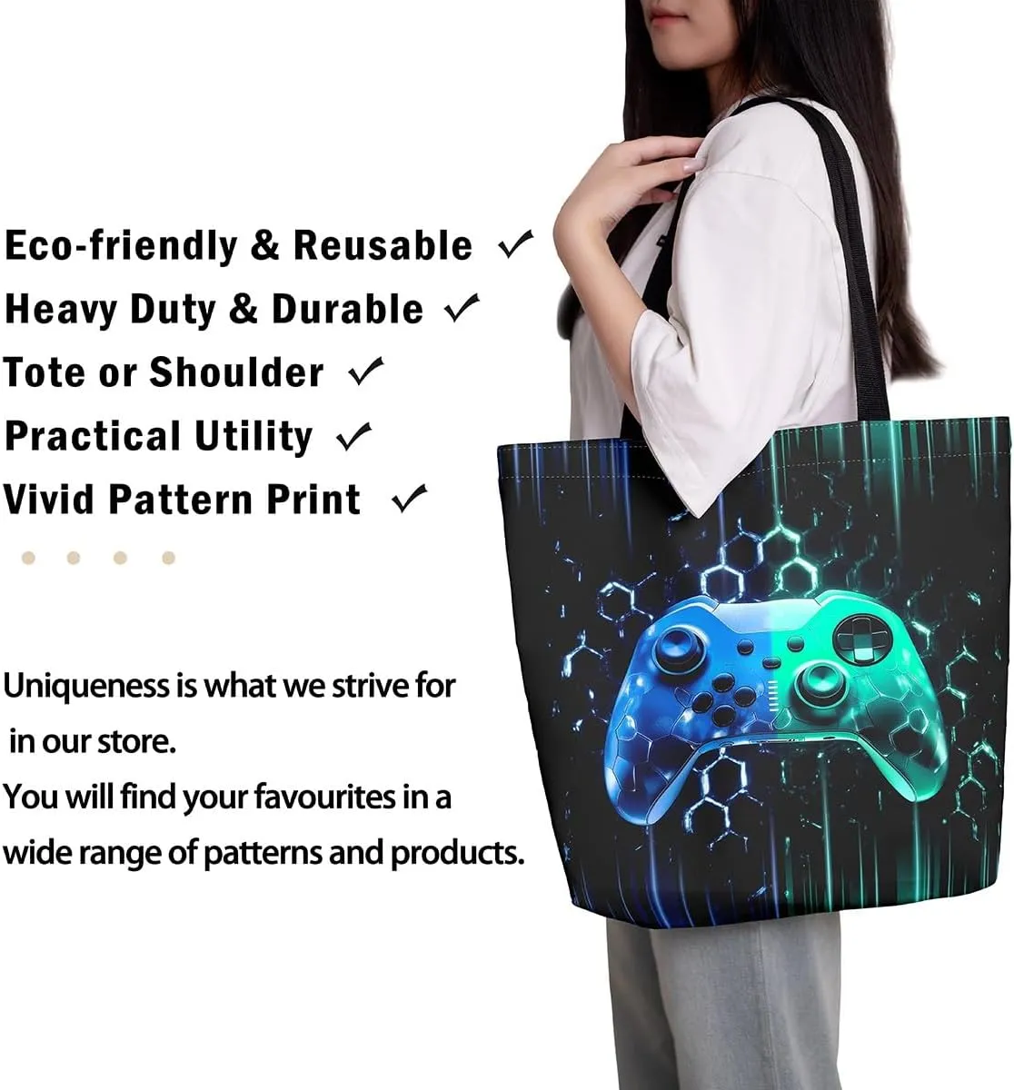 Gamepad Canvas Tote Bag,Gaming Gamer Aesthetic Shoulder Handbags,Modern Geometric Hexagon Tote Bag Reusable Handbag