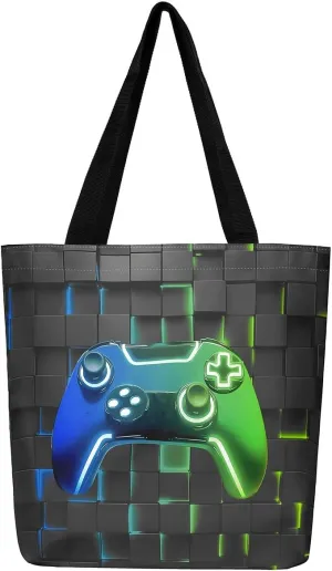 Gamepad Canvas Tote Bag,Gaming Gamer Aesthetic Shoulder Handbags,Modern Geometric Hexagon Tote Bag Reusable Handbag