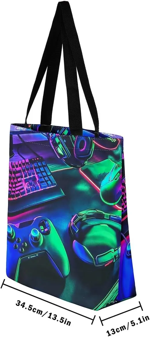 Gamepad Canvas Tote Bag,Gaming Gamer Aesthetic Shoulder Handbags,Modern Geometric Hexagon Tote Bag Reusable Handbag