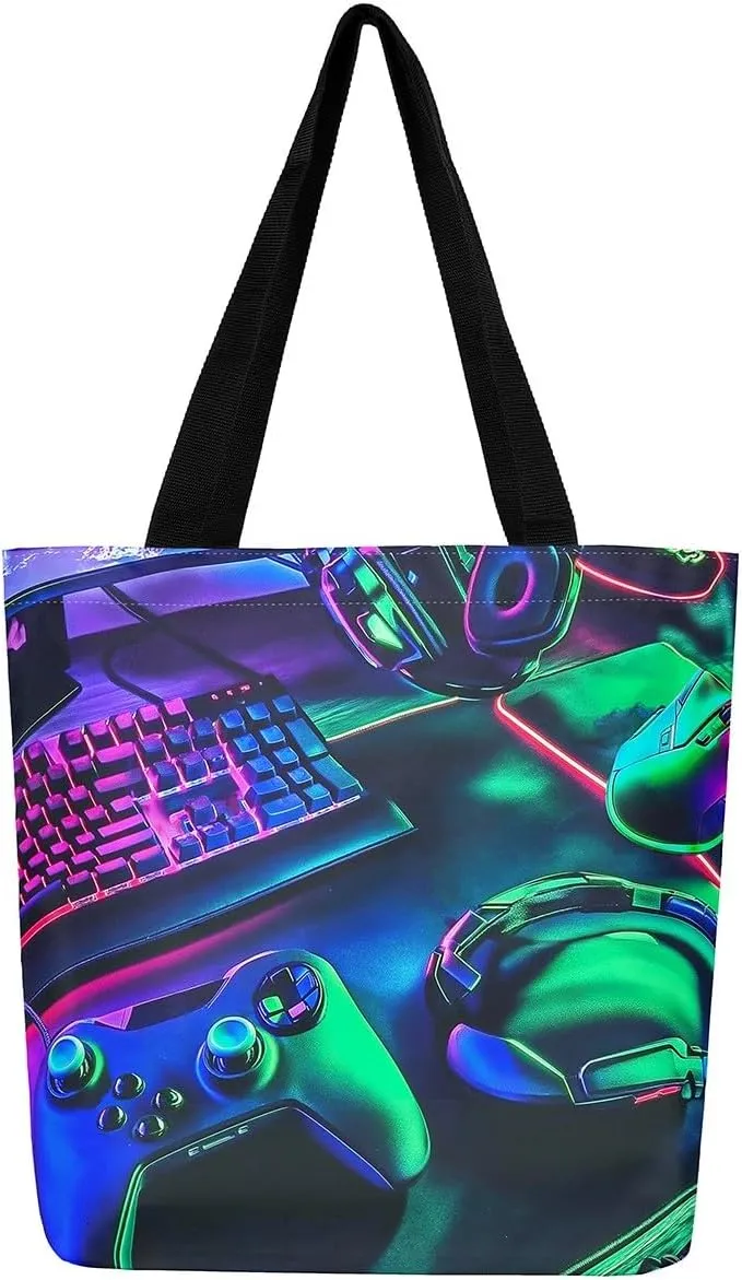 Gamepad Canvas Tote Bag,Gaming Gamer Aesthetic Shoulder Handbags,Modern Geometric Hexagon Tote Bag Reusable Handbag