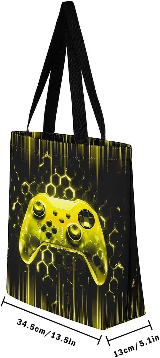 Gamepad Canvas Tote Bag,Gaming Gamer Aesthetic Shoulder Handbags,Modern Geometric Hexagon Tote Bag Reusable Handbag